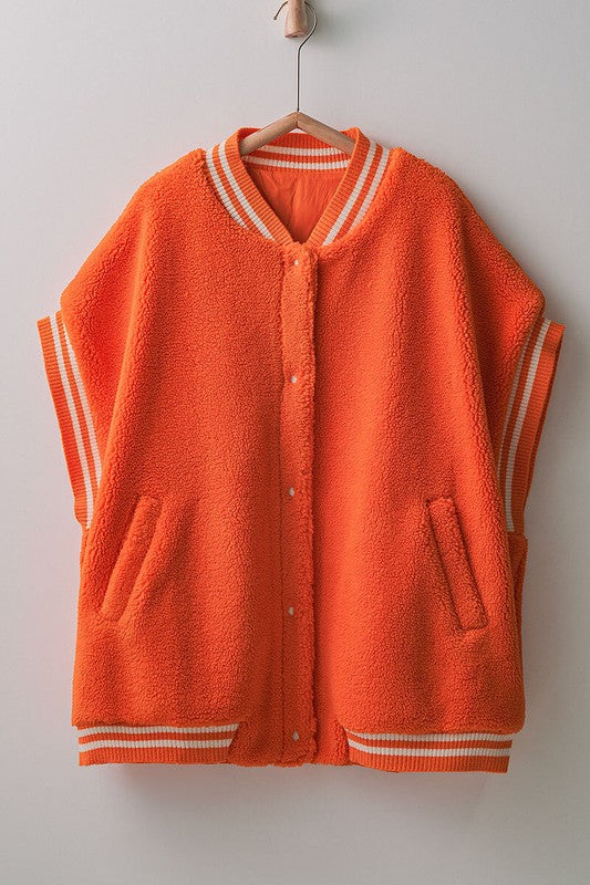 Oversized Sherpa Textured Varsity Button Front Vest | Orange