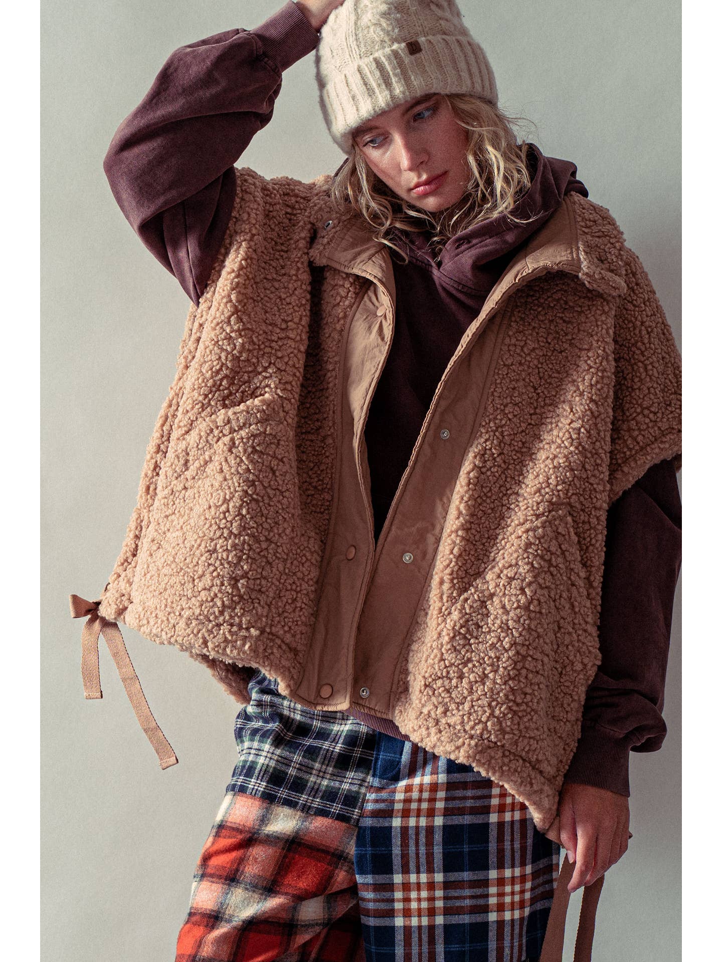 Oversized Sherpa Fleece Boho Western Layering Vest | Taupe