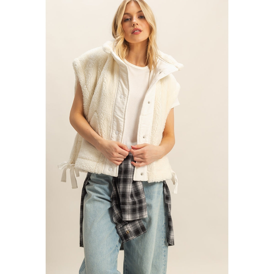 Cozy Sherpa Vest Jacket with Tie-Up Side Details | White