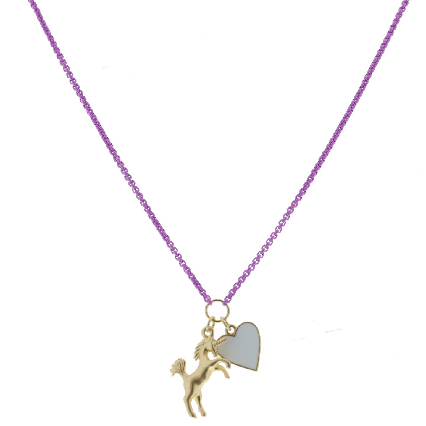 Kids Lavender Box Chain with Unicorn and White Hear Necklace