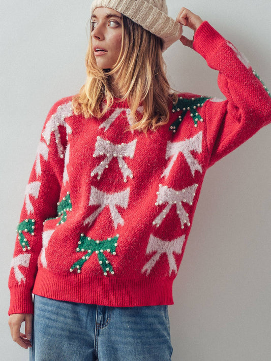 Holiday Bow Knit Sweater | Pearl Embellished |Relaxed Fit