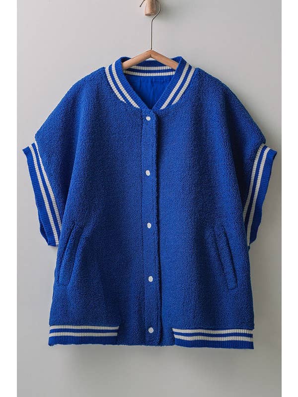 Oversized Sherpa Textured Varsity Button Front Vest | Blue