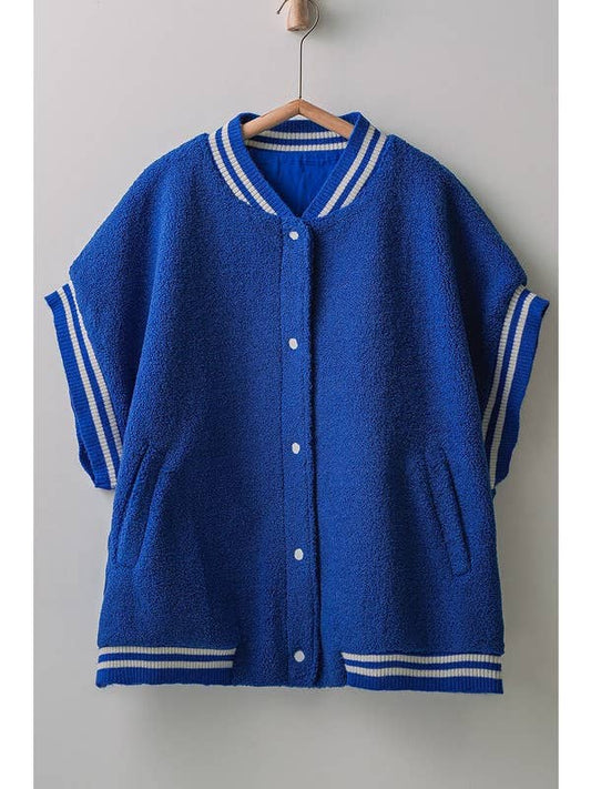 Oversized Sherpa Textured Varsity Button Front Vest | Blue