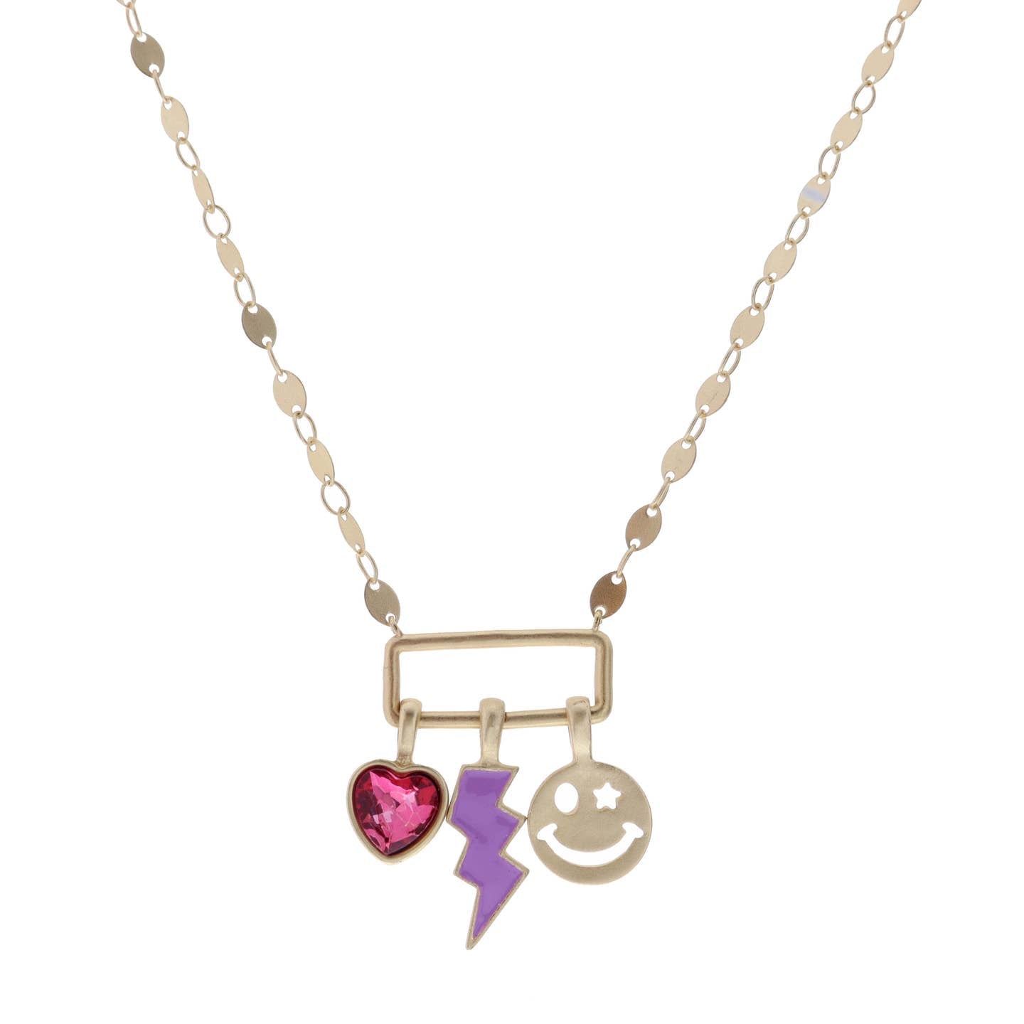 Kids 14" Pink Crystal Heart, Lightning, Happy Face Necklace