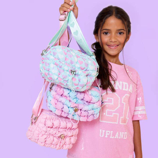 Quilted Scrunchies Printed Mini Drawstring Crossbody Bag | Pink Cherry Print