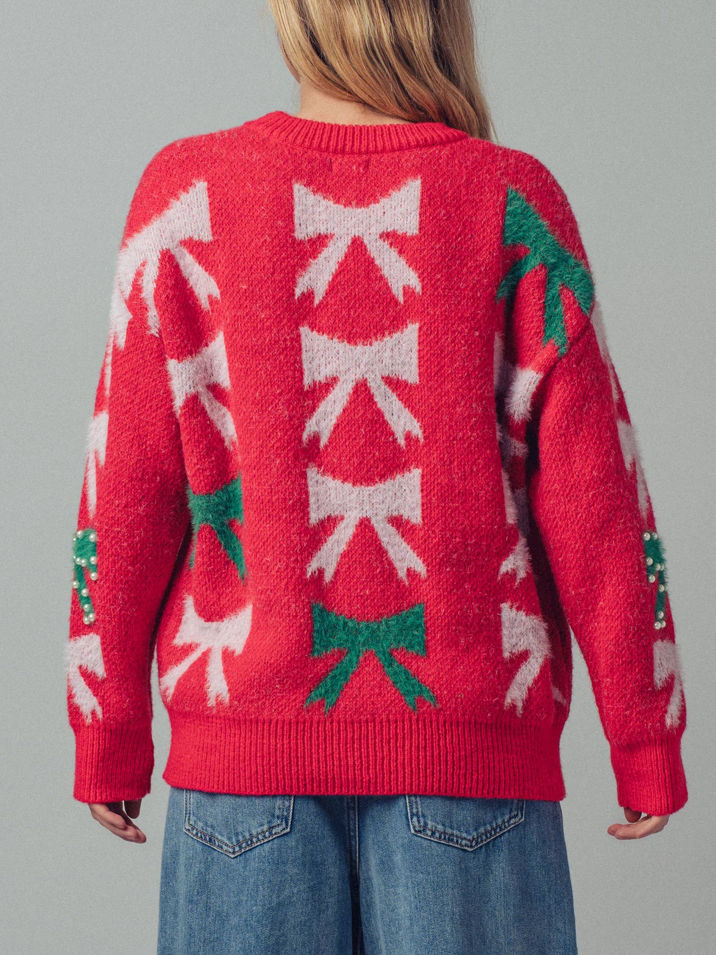 Holiday Bow Knit Sweater | Pearl Embellished |Relaxed Fit