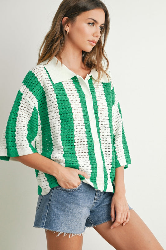 Striped Knit Button-Up Sweater | Green and Ivory