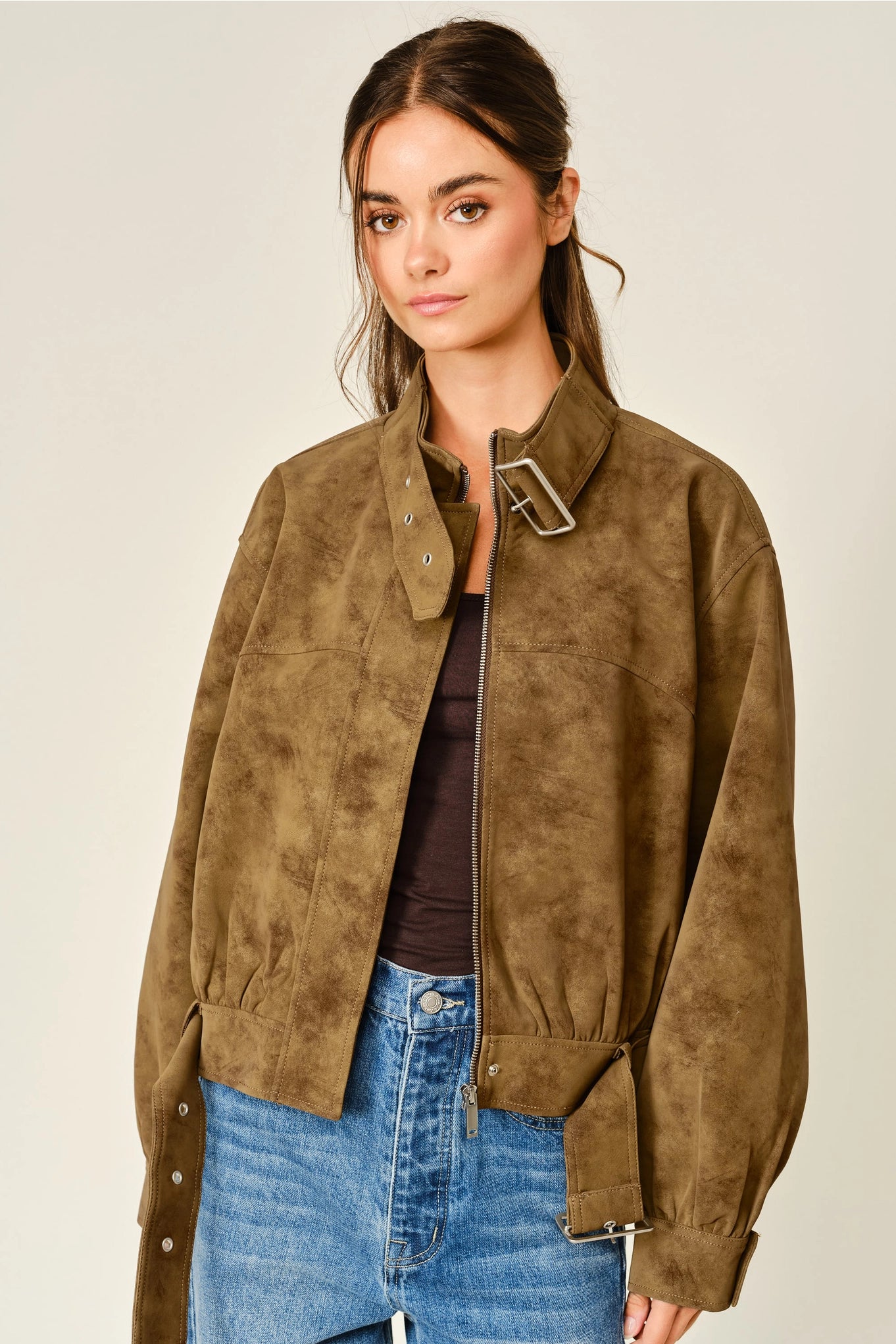 Vintage Vegan Leather Belted Bomber Jacket