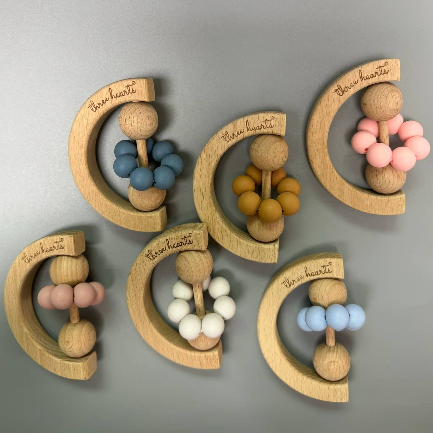 Moon Rattle Beechwood | Baby Blue, Misty Rose or White Sand