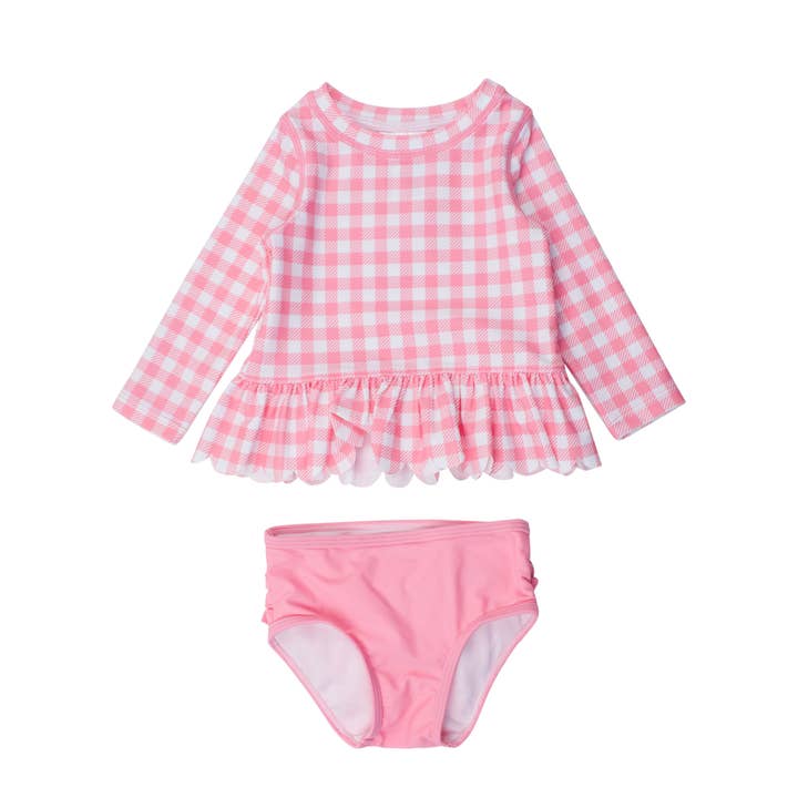 Girls Bubblegum Gingham Scalloped Long Sleeve Rash Guard 2-Piece
