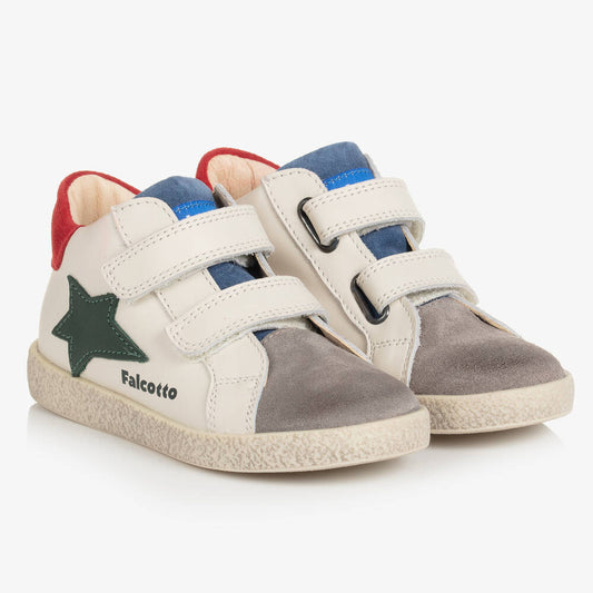 Falcotto Boys Ivory & Grey Leather Trainers