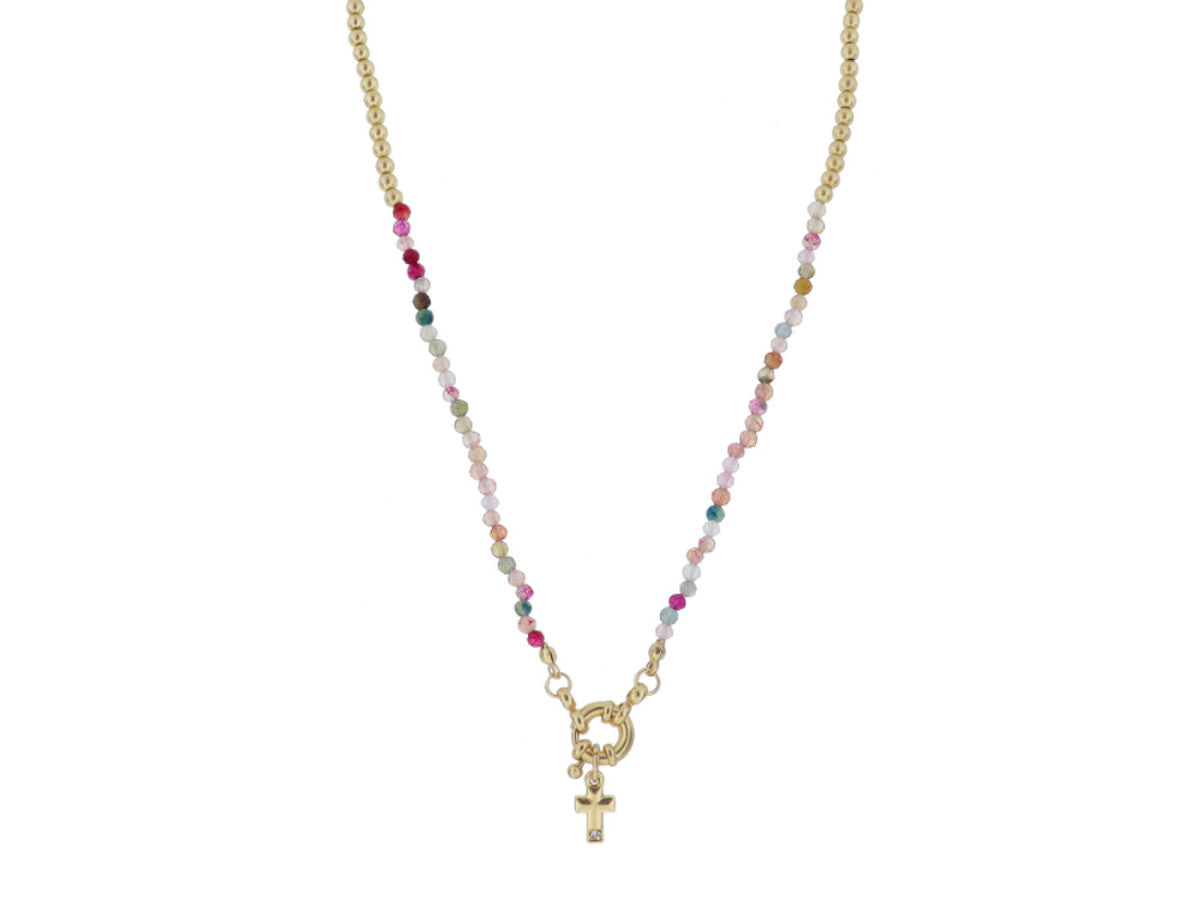 Kids Gold Ball and Multi Stone Faceted Beaded with Gold Spring Ring and Gold Cross with Crystal Accent Necklace