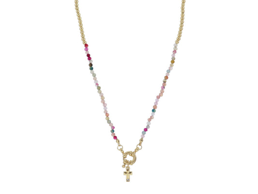 Kids Gold Ball and Multi Stone Faceted Beaded with Gold Spring Ring and Gold Cross with Crystal Accent Necklace