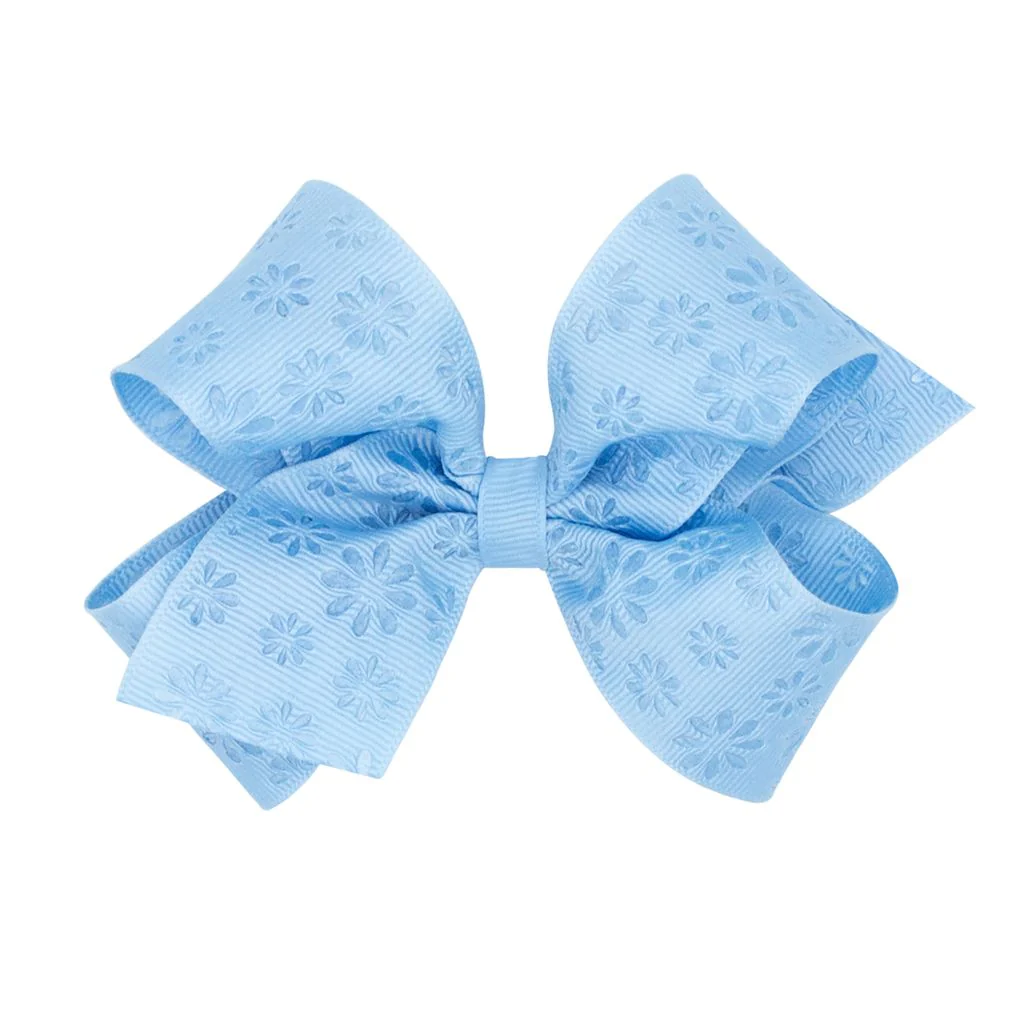 King Embossed Flower Pattern on Grosgrain Hair Bow | Millennium Blue