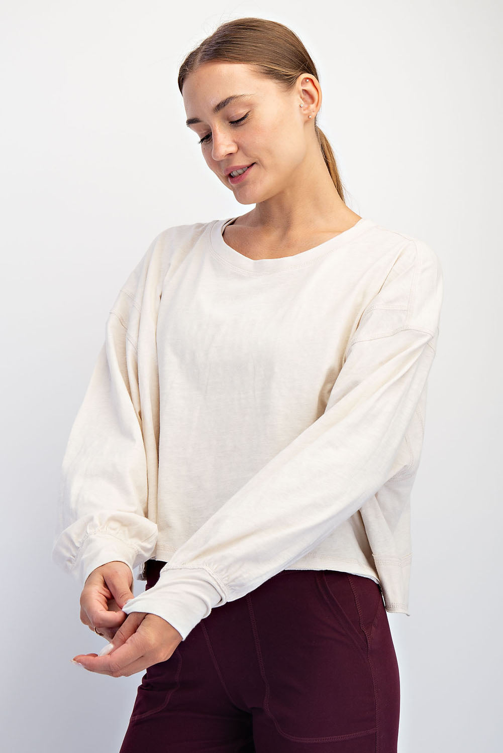 Cotton Open Back Long Sleeve Top | Bone