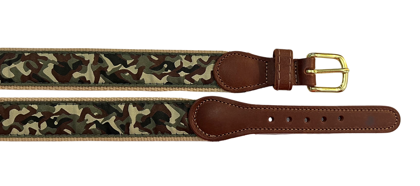 Boys Leather Belt | Green Camo On Khaki
