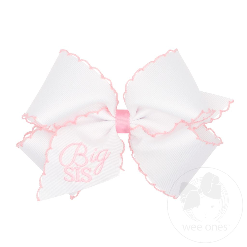 King Grosgrain Hair Bow with Light Pink Moonstitch Edge and Big Sis Embroidery
