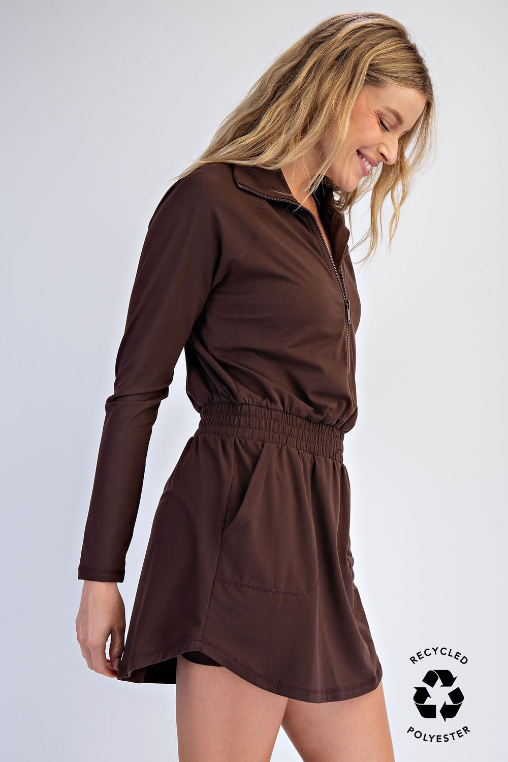 Butter Soft Quarter Zip Romper with Skirt | Espresso