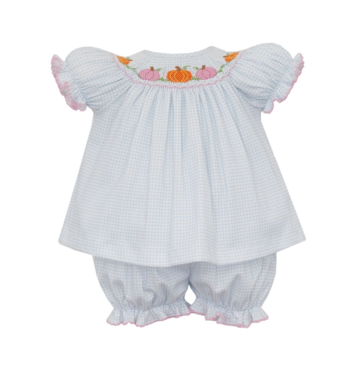 Smocked Pumpkins | Blue Gingham Bishop Bloomer Set
