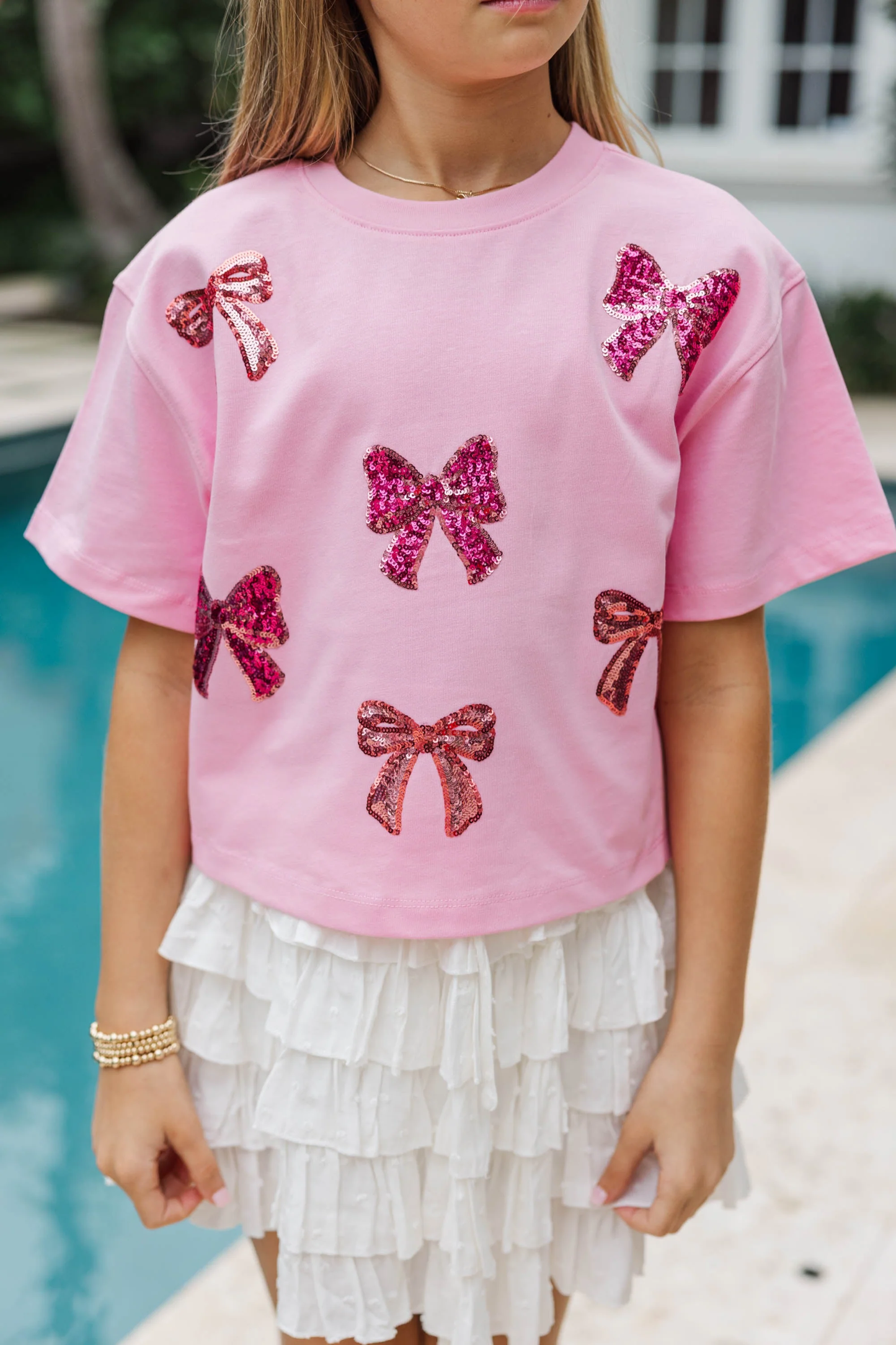 Multi Color Sequin Bow Oversized Tee | Pink