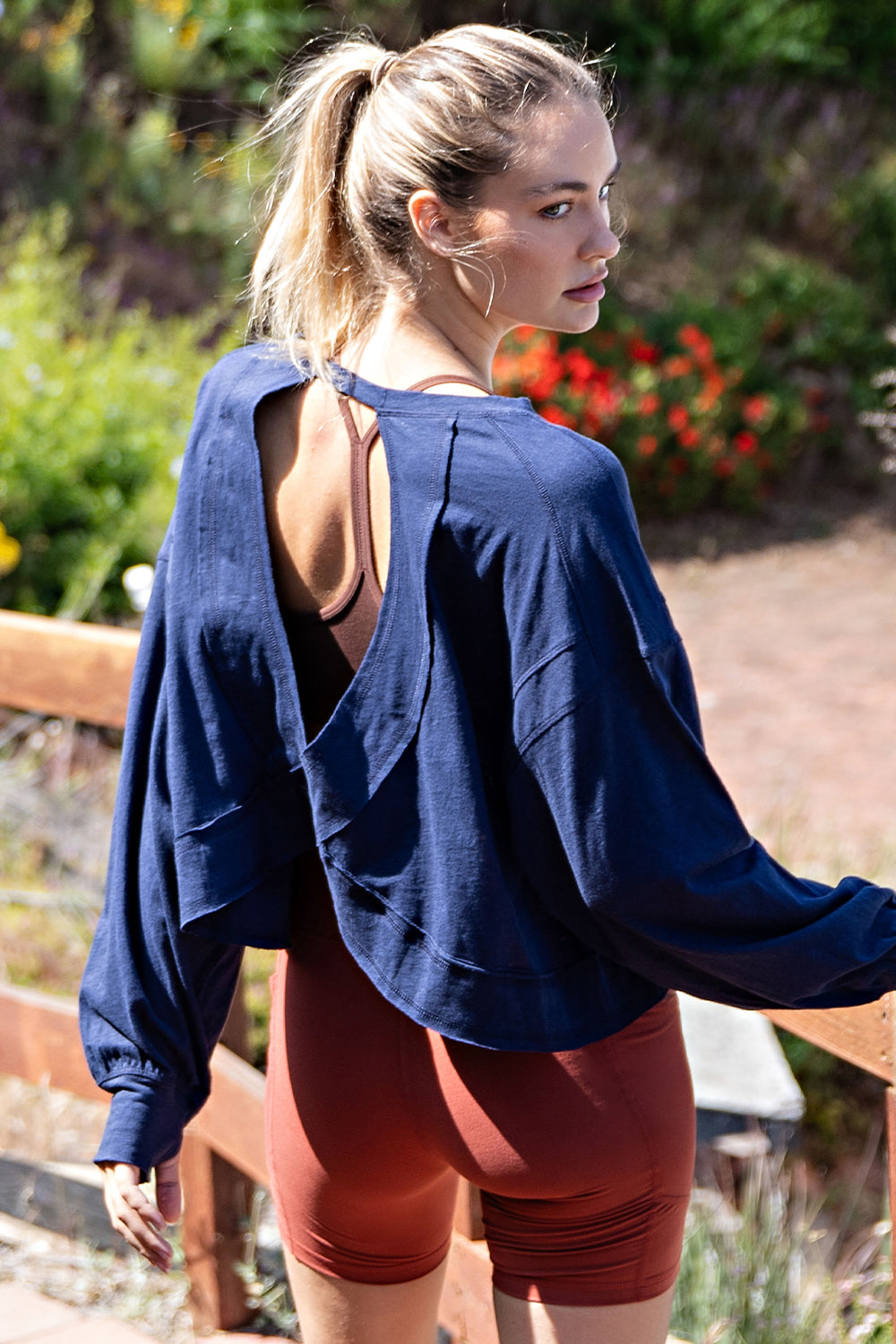 Cotton Open Back Long Sleeve Top | Navy