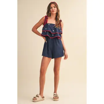 Star Embroidered Ruffle Tie Shoulder Romper