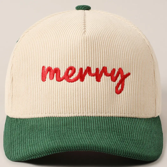 Merry Text Embroidery Two-Tone Corduroy Cap