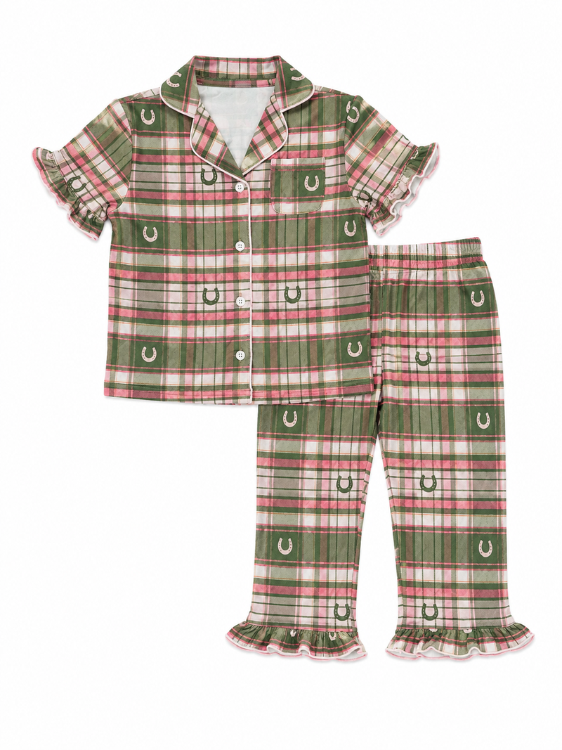 Ruffle Pajama Set | Pink Horseshoe Plaid