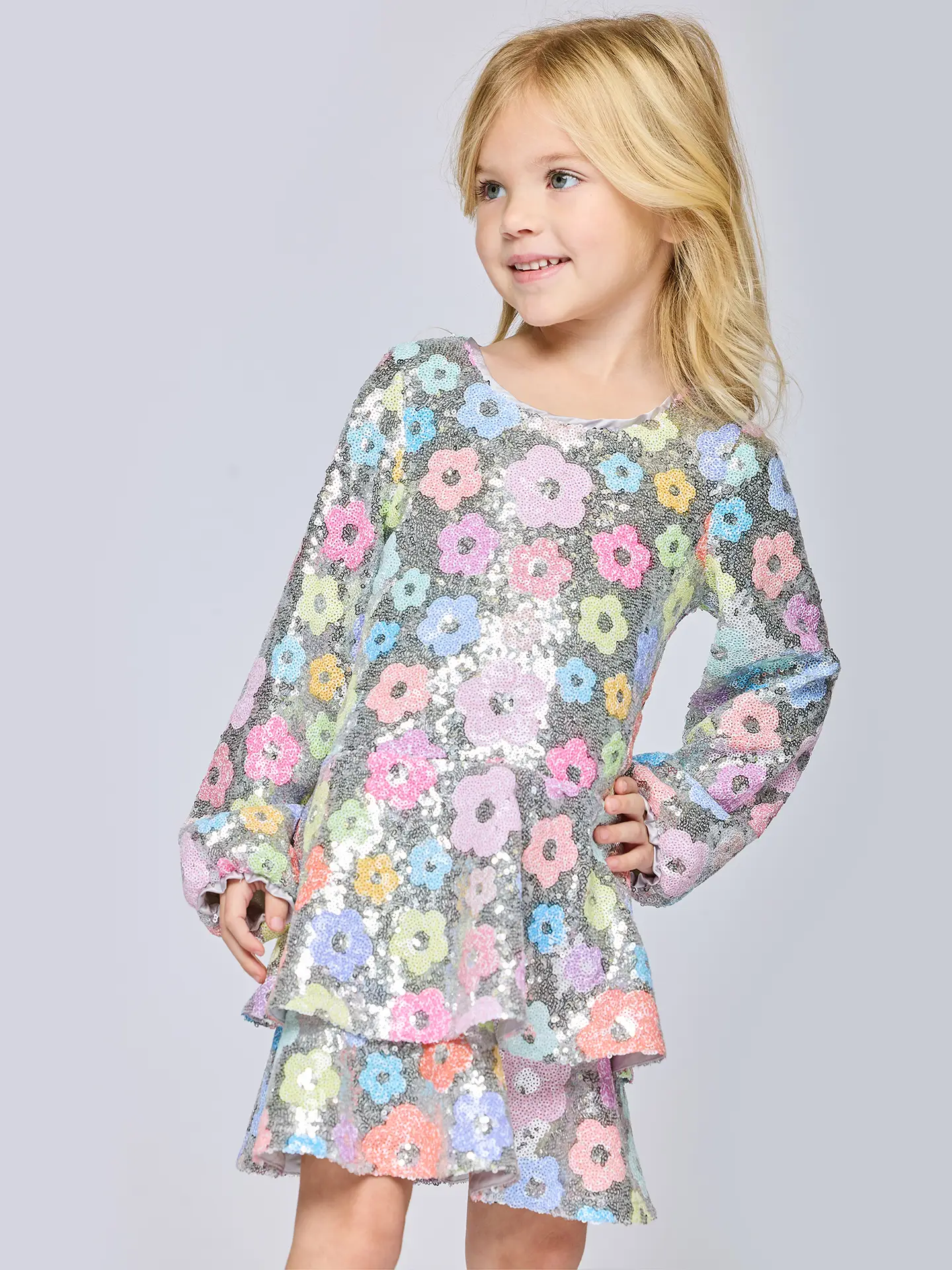 L/s Flower Sequin Dress W/ Tiered Skirt