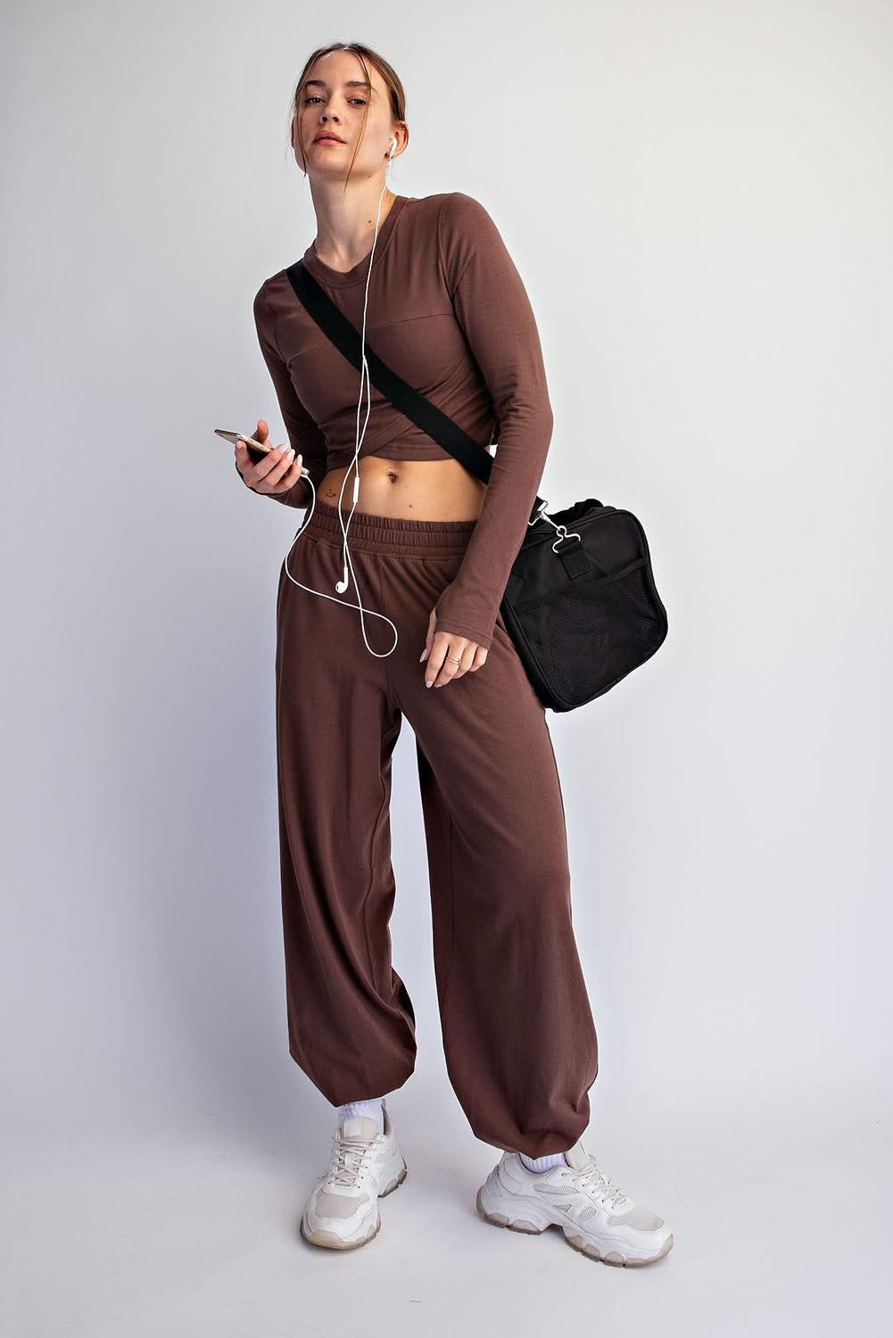 COTTON LYCRA CROSSOVER LONG SLEEVE SET | MOCHA