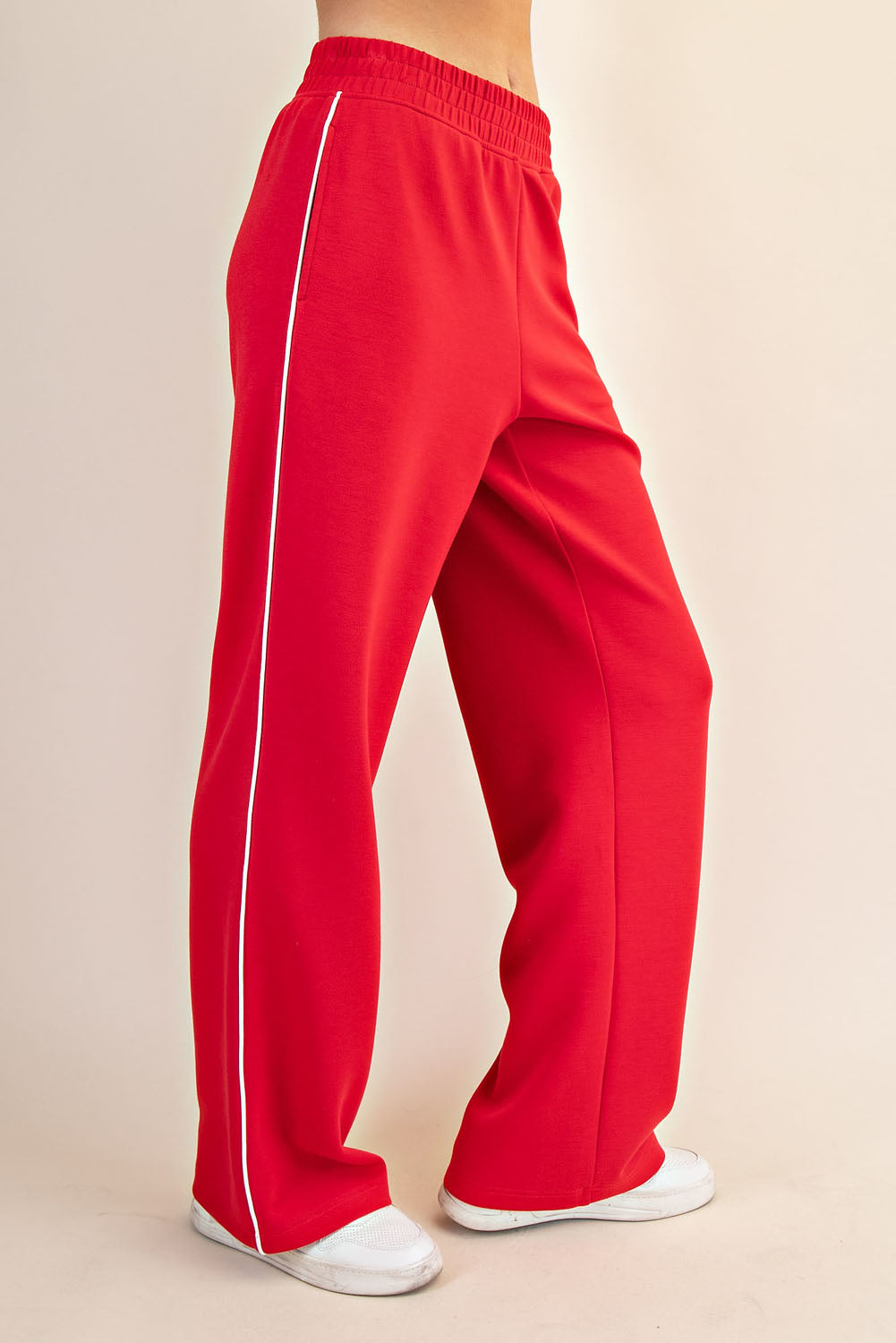 Modal Two Stripe Piping Mock Neck Sweat Set | True Red & Cream