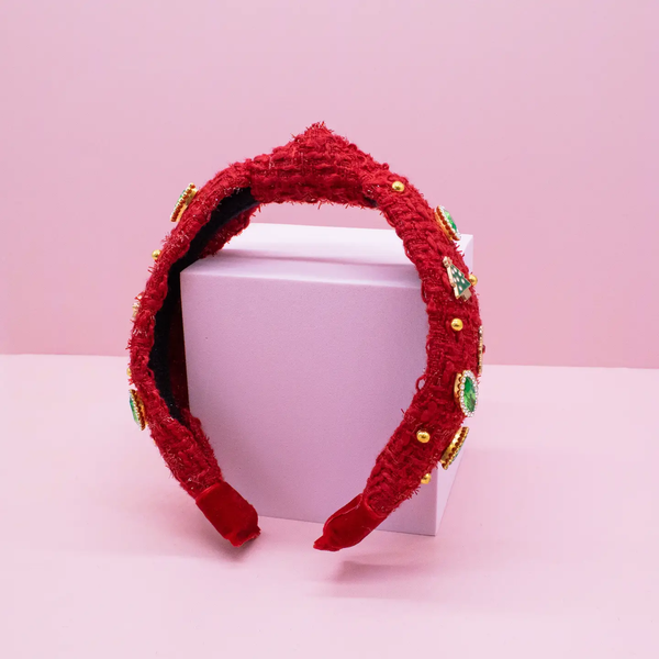 Christmas Knot Headband | Embellished Tweed Rhinestone Pearl