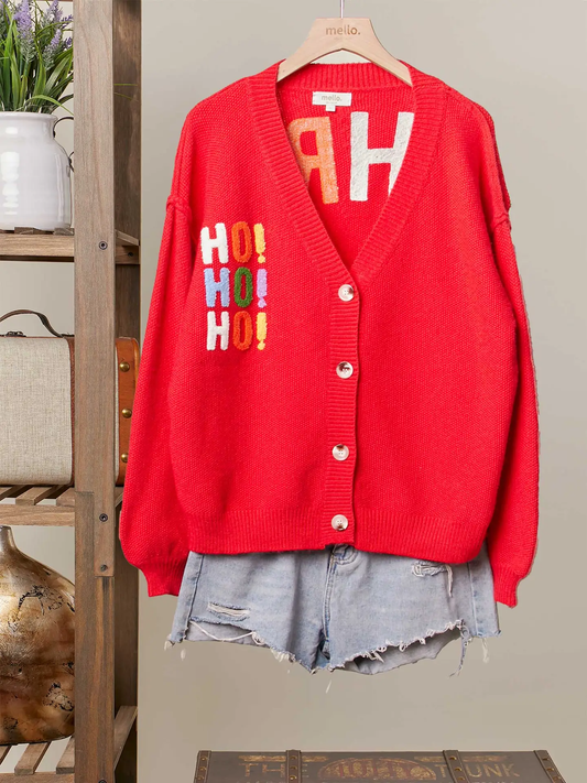 Christmas Lettering Patchwork V Neck Cardigan