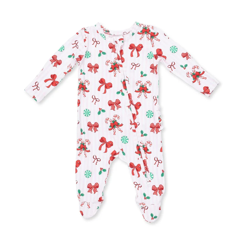 Bows & Candy Canes | Bamboo 2 Way Ruffle Back Zipper Footie