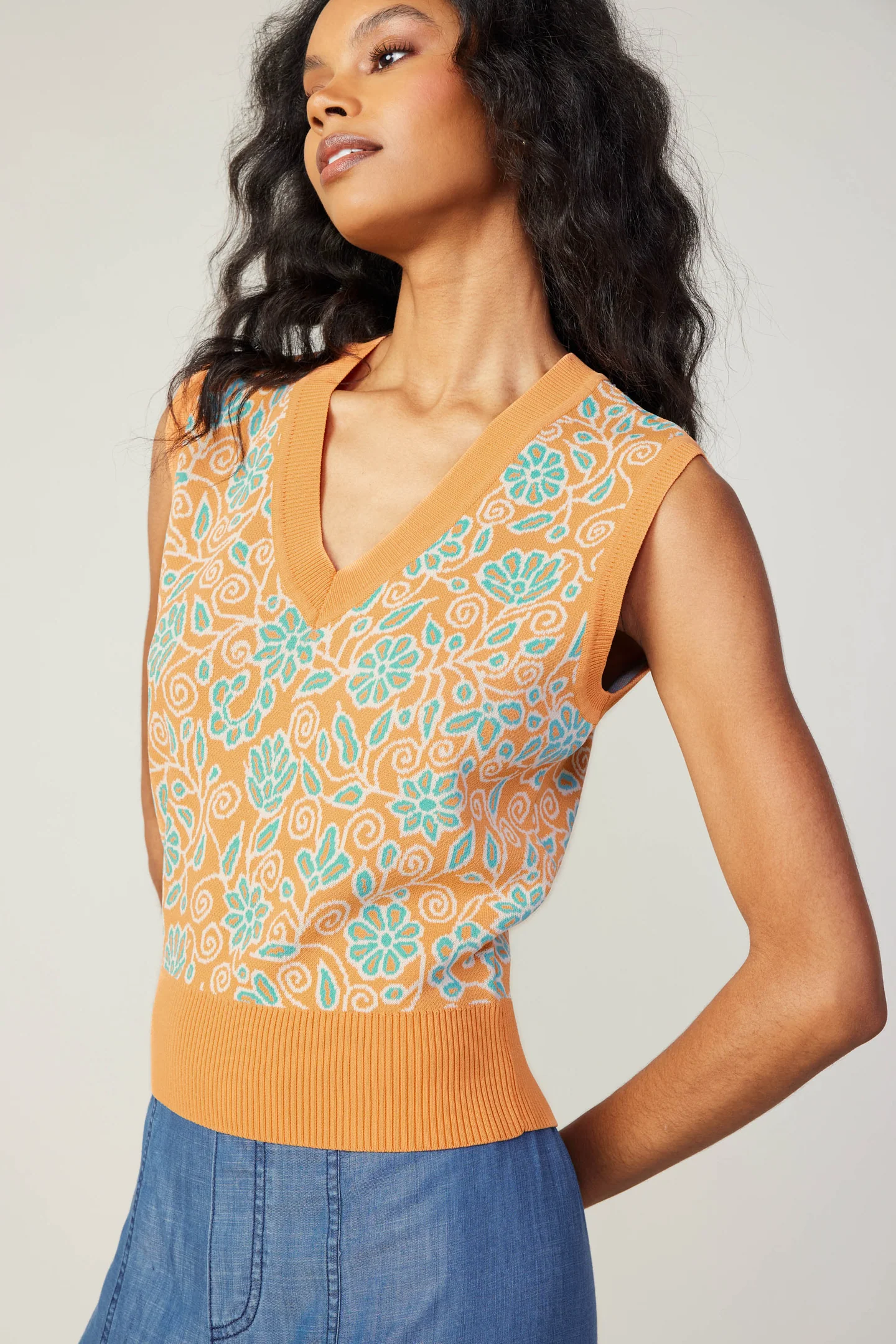 Floral Sweater Vest | Orange + Baby Blue
