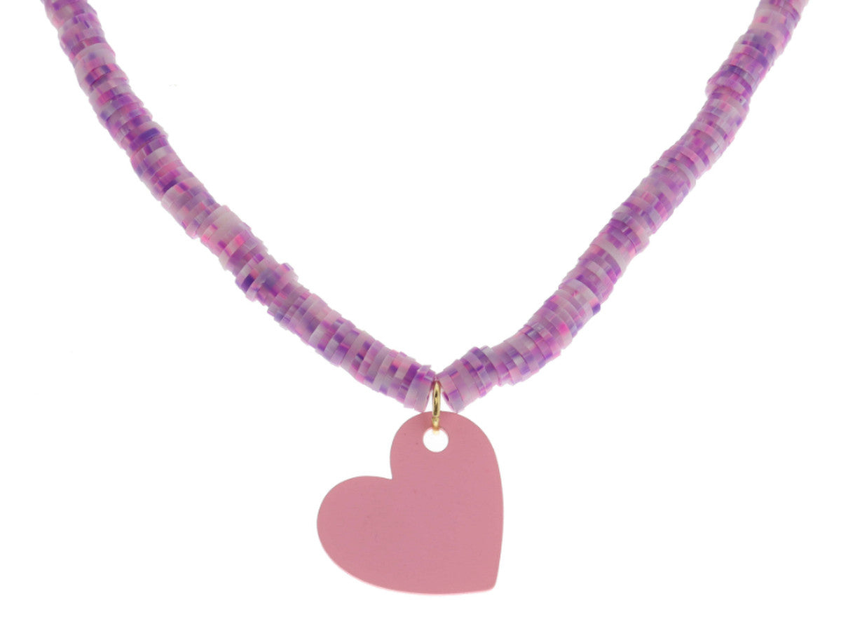 Kids Stretchy Multi Lavender Speckled Rubber Sequin Beaded with Light Pink Heart Necklace