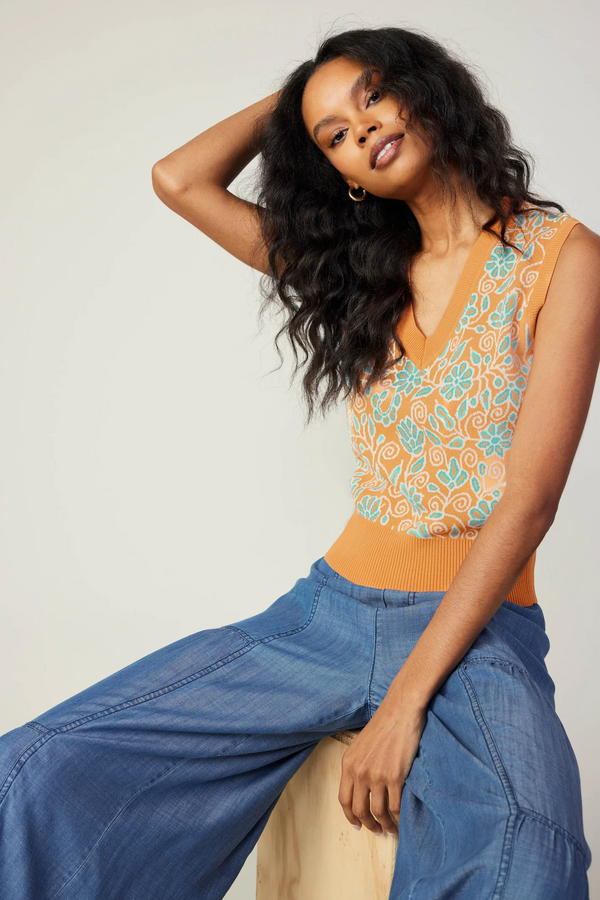 Floral Sweater Vest | Orange + Baby Blue