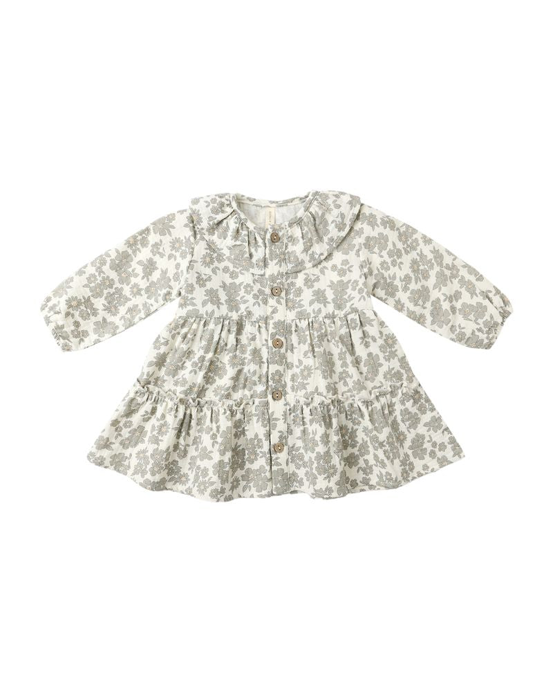 RUFFLE COLLAR BUTTON DRESS || GREEN FLORAL
