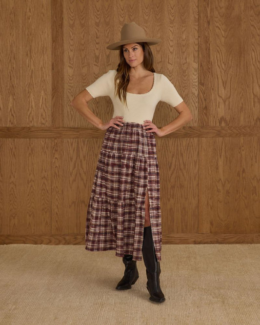 TIERED MIDI SKIRT || BURGUNDY PLAID