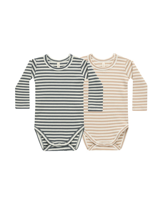 Ribbed Bodysuit 2 Pack | Indigo Stripe + Latte Stripe
