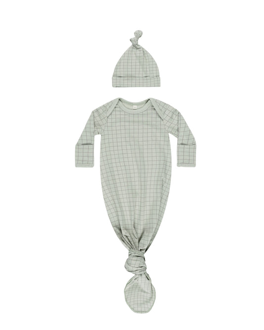 KNOTTED BABY GOWN + HAT SET || SAGE GRID