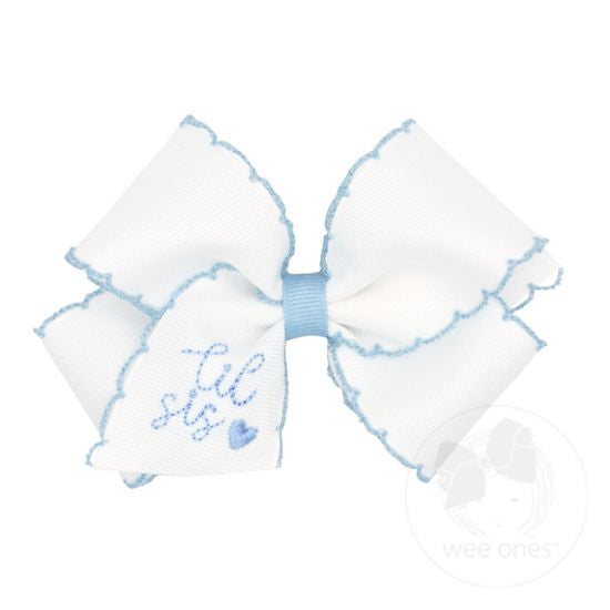Lil Sister w/ Heart Embroidered Small Moonstitch Bow - Blue