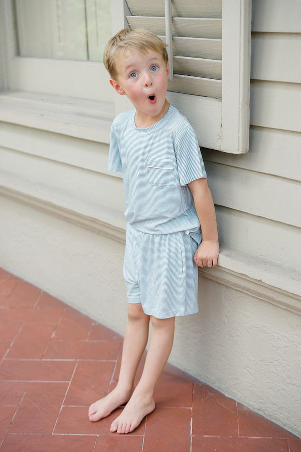 Mini-Stripe Shorts & T-Shirt Set | Dusty Blue