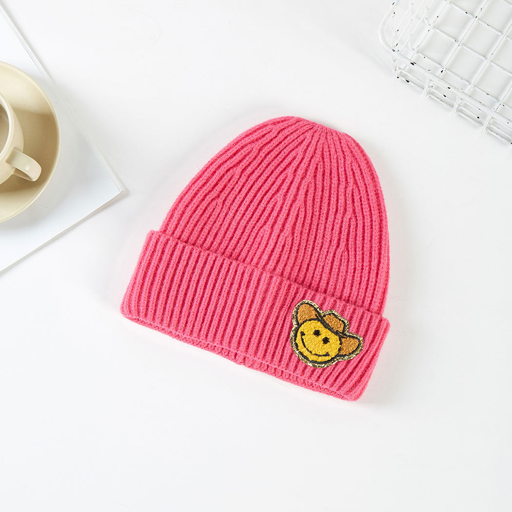 Cowboy Happy Face Patched Beanie | Brown, Pink, Taupe or Ivory