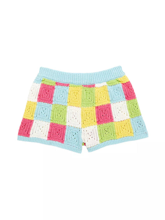Little Girl's Check Knit Shorts | Just Blue