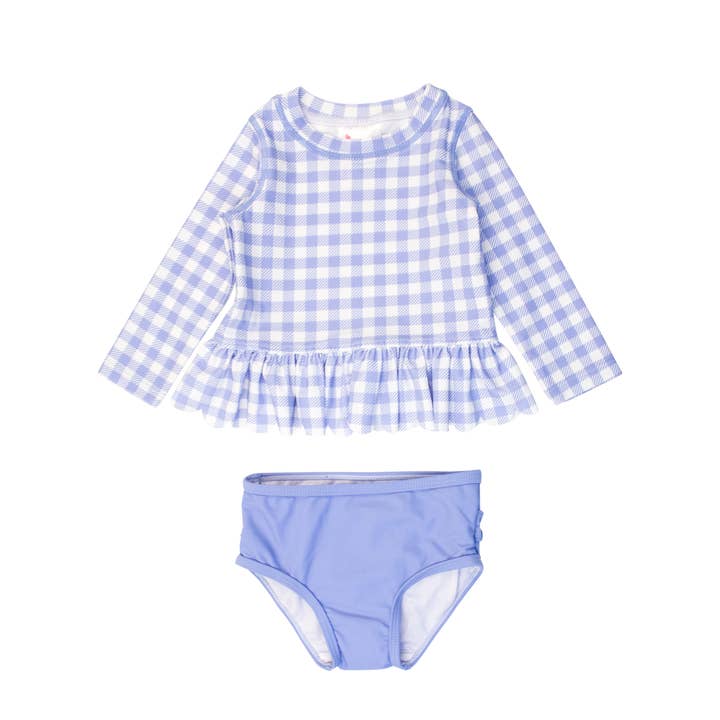 Periwinkle Blue Gingham Scalloped Long Sleeve Rash Guard 2-Piece