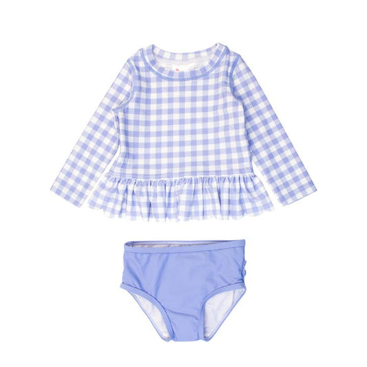 Periwinkle Blue Gingham Scalloped Long Sleeve Rash Guard 2-Piece