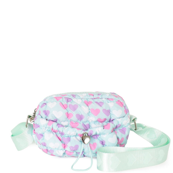 Quilted Scrunchies Printed Mini Drawstring Crossbody Bag | Light Aqua Heart Print