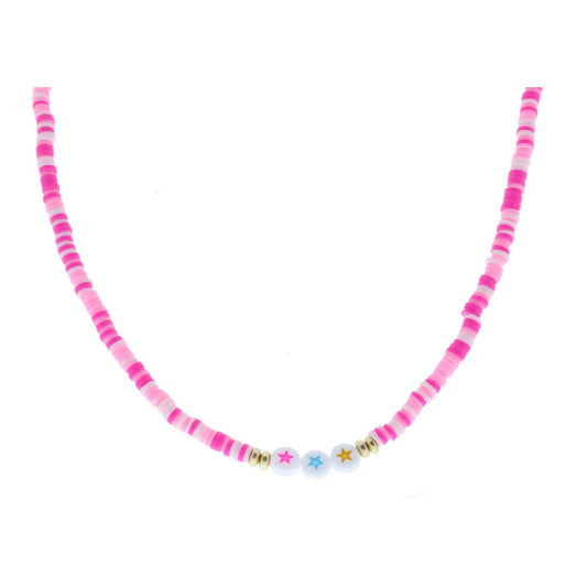 Kids 3 Star Beads On Multi Pink Rubber Sequin Necklace