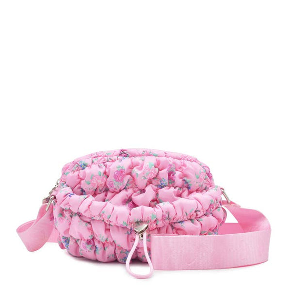 Quilted Scrunchies Printed Mini Drawstring Crossbody Bag | Pink Floral Print